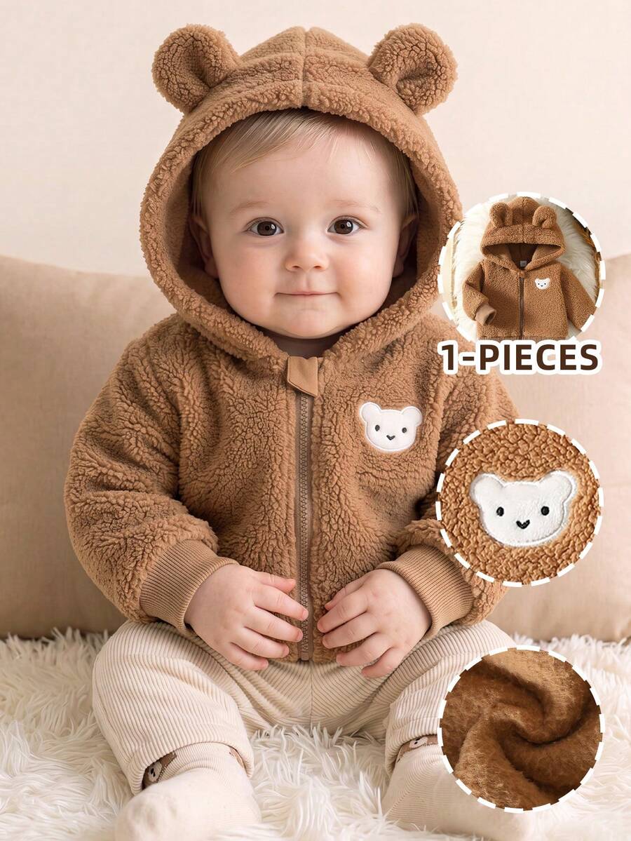 SHEIN Newborn Baby Fall Winter Hooded Fleece Brown Bear Ears Zipper Design Long Sleeve Fleece Outdoor Jacket - Khaki - View 1