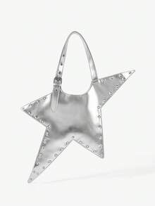 Viva Strut 1pc Star Shape Shoulder Bag, Sliver Faux Leather, Fashion, Personalized, Versatile, Street Style, Sweet Cool Girl, Hot Girl, Y2K, Rivet. - Silver - View 5