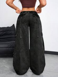 Rivivi Plus Size Women's Cargo Pocket Wide Leg Loose Casual Denim Jeans - Black - View 2
