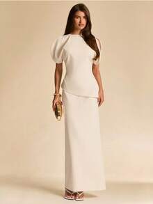 SHEIN BAE Spring/Summer Solid Cream White Petal Sleeve Blouse Elegant Skirt 2 Pieces Set For Women Wedding Formal Christening - Apricot - View 5