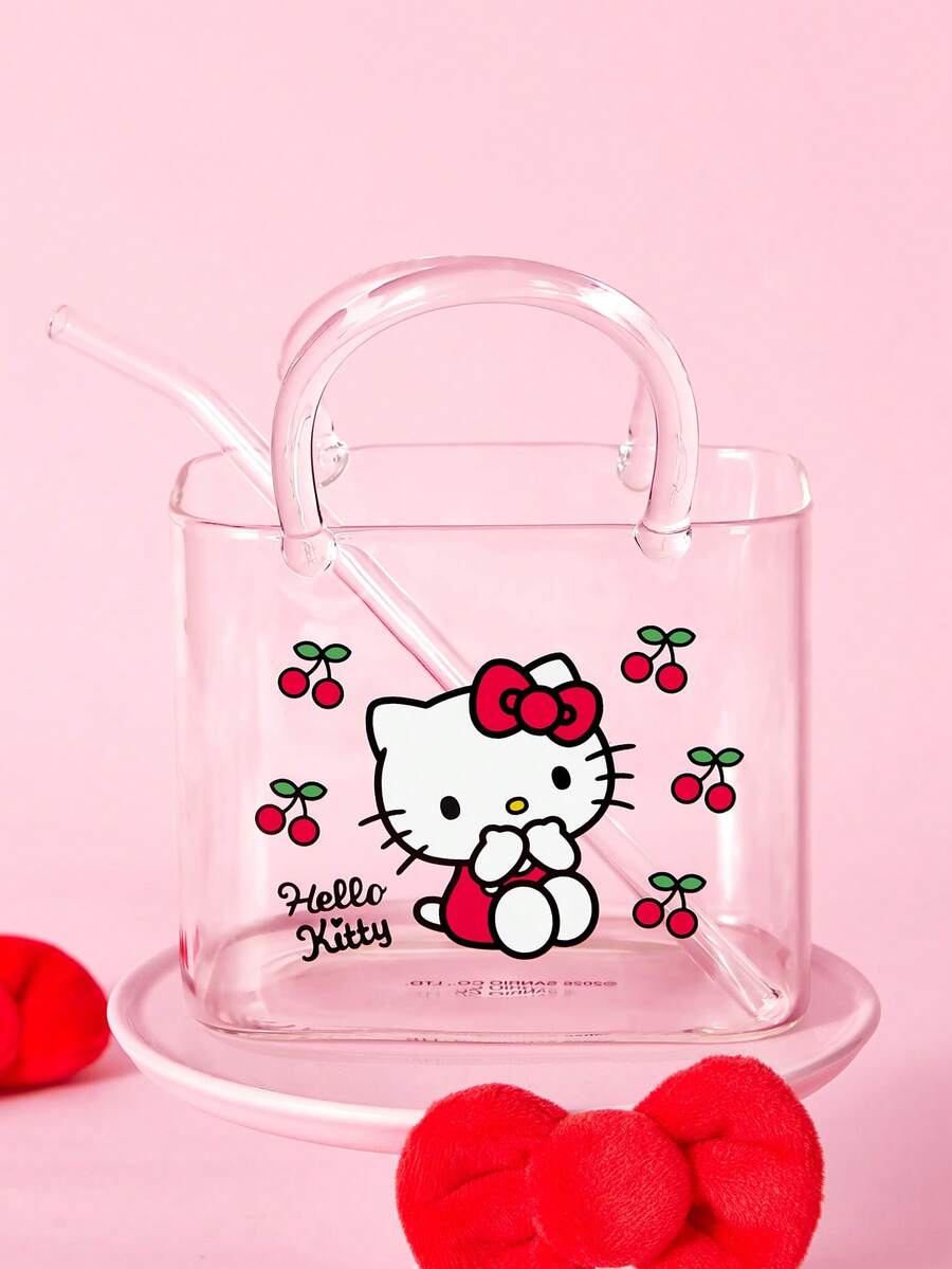 HELLO KITTY AND FRIENDS | SHEIN 卡通櫻桃印花硼矽酸鹽手提包造型玻璃杯附吸管,可盛裝飲品與水,亦可作為花瓶或迷你魚缸,多用途裝飾玻璃器皿 - 無色 - 查看 1