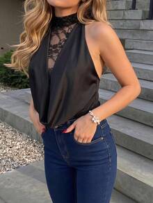 Katetique Women's Elegant Black Lace Patchwork Halter Neck Bodysuit, Tight Fit,Summer Night Out Cocktail Party,Gathering,Valentine's Day, Date - Black - View 4
