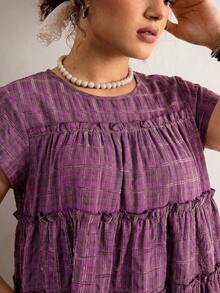 Freevana Plus Size Ruffle Hem Summer Casual Plaid Shirt - Purple - View 5
