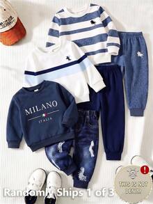 SHEIN 1 Random Set, Casual Logo Blue Striped Contrast Element Print Crew Neck Long Sleeve Sweatshirt, Suitable For Autumn/Winter Outdoor Activities - Multicolor - View 1