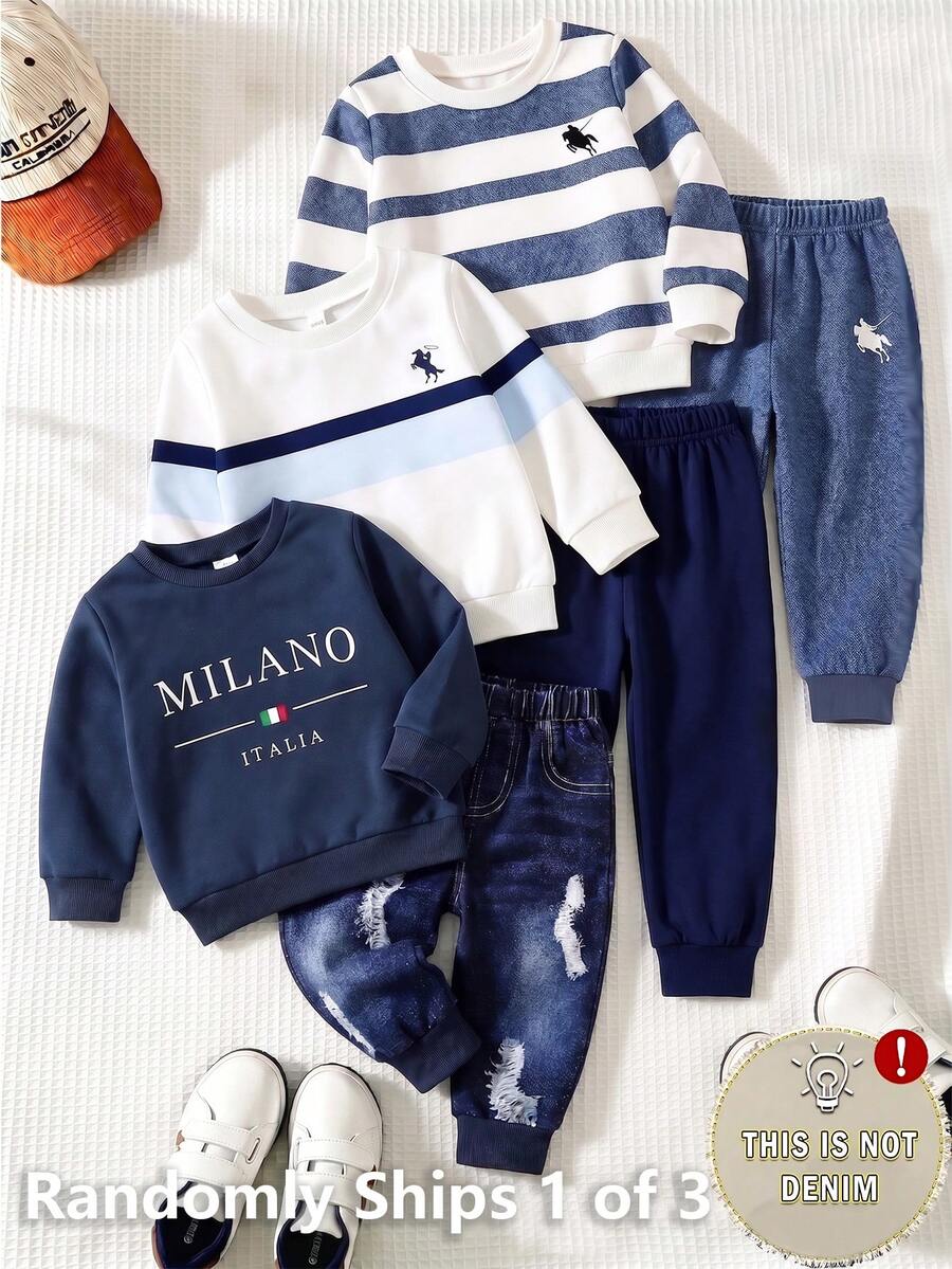 SHEIN 1 Random Set, Casual Logo Blue Striped Contrast Element Print Crew Neck Long Sleeve Sweatshirt, Suitable For Autumn/Winter Outdoor Activities - Multicolor - View 1