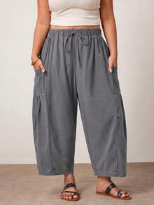 Enliva Plus Size Loose Fit Drawstring Casual Business Casual Cropped Pants Vacation Lounge Gray Summer Fall - Dark Grey - View 4
