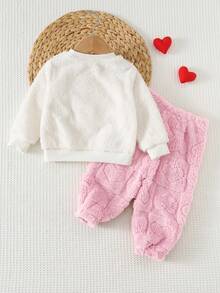 Cozy Pixies 2件組幼女服飾，舒適百搭時尚，日常可愛休閒極簡基本款，毛絨愛心圖案紋理，秋冬季節適用，適合多種場合，戶外滑雪、返校、運動、派對、假日，保暖套裝居家服 - 淺粉色 - 查看 2