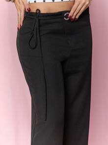 Dania Mndz Shop Women's Casual Plain Grey Wide-Leg Relaxed Fit Trousers With Drawstring & Mesh Panel Decoration, Versatile For & Commute ,Business Woman Black - Black - View 3