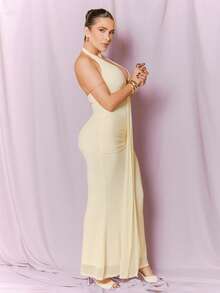 Dania Mndz Shop Gaun Pesta Wanita Musim Semi/Panas Model Wrap Asimetris dengan Rumbai Panjang Model Ekor Ikan yang Ketat dan Elegan - Aprikot - View 6