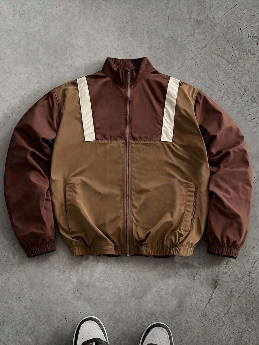 AXEPEAK Men's Casual Woven Patchwork Open Front Loose Rave Jacket,Fashion Colorful Long Sleeve Lightweight Zipper Jacket For Daily Wear,Fall,Winter Gifts - Brown - View 1