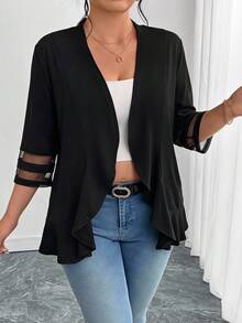 SHEIN Clasi Plus Size Elegant Commuter Mesh Patchwork Ruffle Trim Jacket Fall - Black - View 4