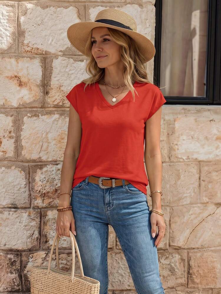 EMERY ROSE Camiseta de manga corta de uso diario versátil y casual con cuello en V para mujer - Rojo - Añade 3