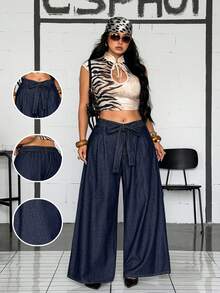 Jeanoix Calça Denim Perna Larga Casual Tradicional Lavada com Cinto Plus Size Azul Marinho Formal Brunch Verão - Lavagem escura - Visão 7