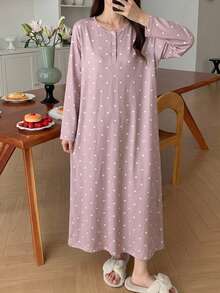 SHEIN Casual Comfortable Polka Dot Print Round Neck Half-Button Long Sleeve Nightgown - Khaki - View 1