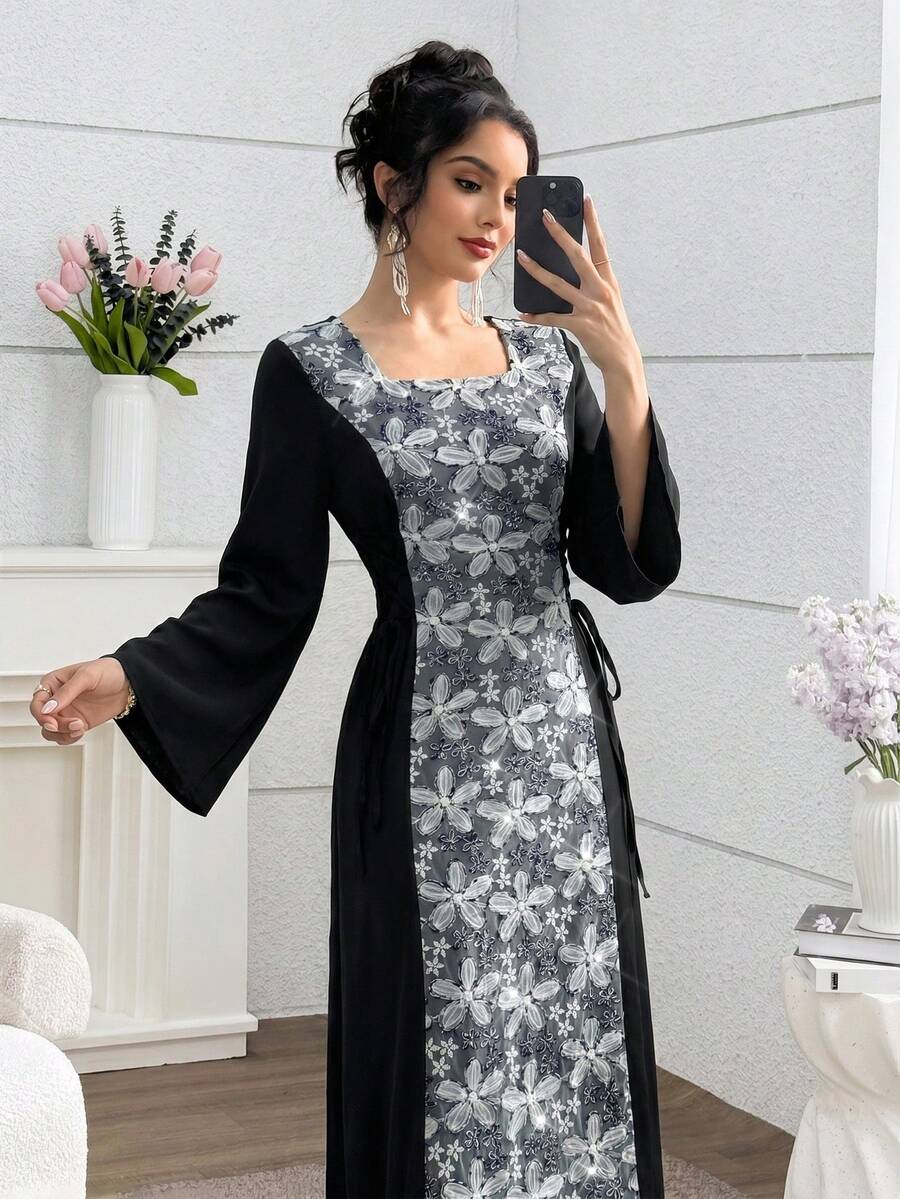 Yasmyna 春夏優雅方領前片拼接刺繡布料收腰女款阿拉伯風洋裝 - 黑色 - 查看 1