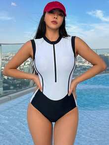 DAZY 女款拼色長袖連身運動泳衣海灘穿搭 - 黑與白 - 查看 6