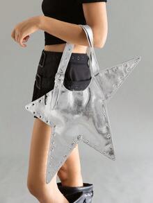 Viva Strut 1pc Star Shape Shoulder Bag, Sliver Faux Leather, Fashion, Personalized, Versatile, Street Style, Sweet Cool Girl, Hot Girl, Y2K, Rivet. - Silver - View 3