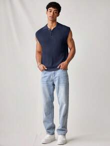 SWAVVY Men's Summer Casual Solid Color Sleeveless Knit Top - Navy Blue - View 3