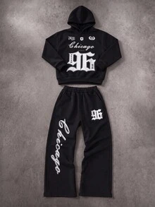2pcs/Set Men's Teen Street Style Floral Print All-Over Hoodie Sweatshirt & Straight Leg Pants Set, Suitable For Streetwear Look, Unisex - Black and White - View 1