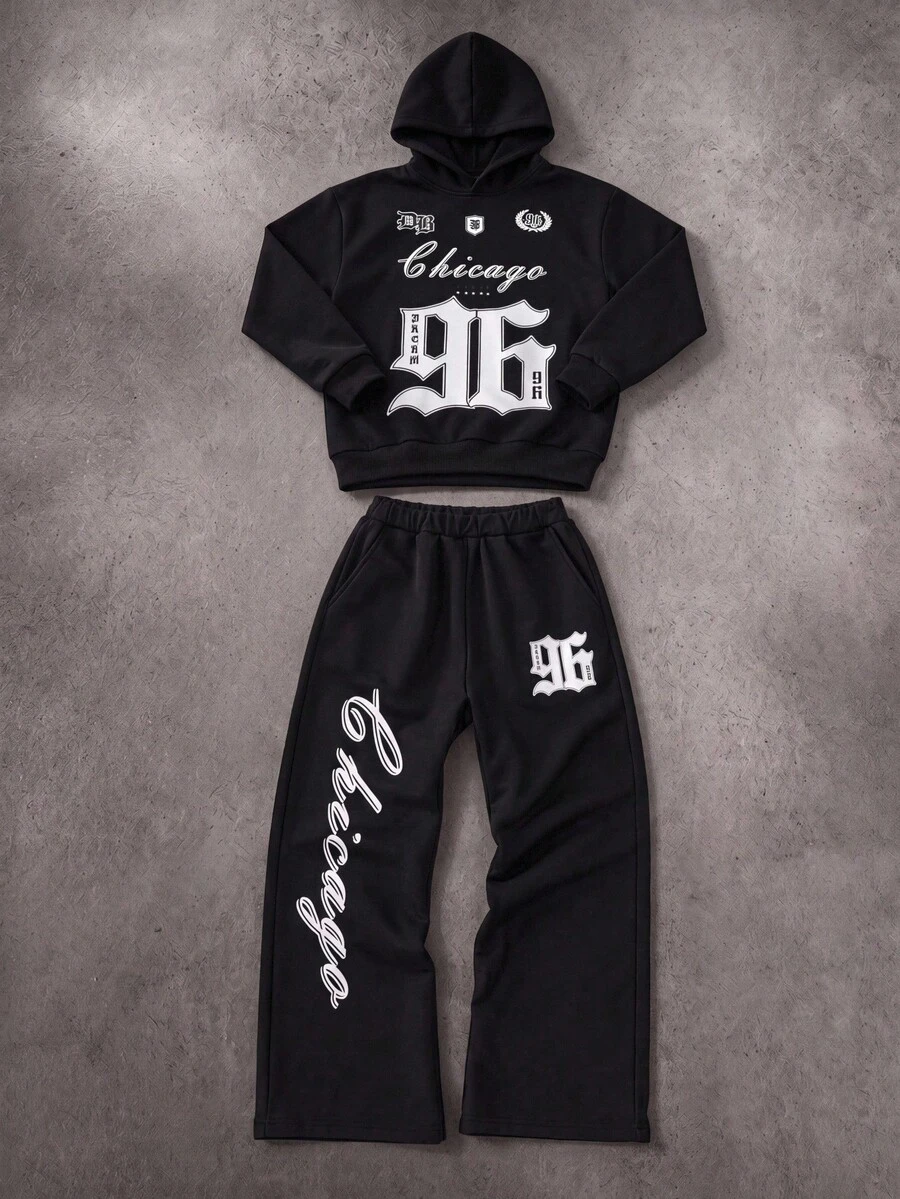2pcs/Set Men's Teen Street Style Floral Print All-Over Hoodie Sweatshirt & Straight Leg Pants Set, Suitable For Streetwear Look, Unisex - Black and White - View 1