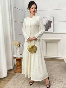 Yasmyna Women's French Elegant Jacquard Button Long Sleeve Arabian Dress - Yellow - View 5