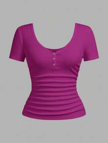 Slaydiva Plus Size Women Solid Color Ruched Slim Fit Versatile Daily Casual Short Sleeve T-Shirt - Hot Pink - View 3