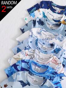 [8 Set, Dikirim 2 Set Secara Acak] Pakaian Rumah Anak Laki-Laki dan Remaja, Set Piyama Rajut Lengan Pendek dan Celana Panjang Motif Kartun Lucu, Pas dan Nyaman - MultiWarna - View 4