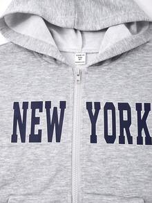 SHEIN Tween Boy Letter Print Long Sleeve Zip-Up Hooded Sweatshirt - Light Grey - View 3