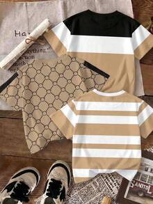 RANDOM 6 PCS SEND 3 PCS Young Boy T-Shirt 3-Piece Set, Classic Vintage Floral Print, Retro Color Block Print, Stripe Print, Exquisite Pony Logo Print, Cool King Text Print, Crown Print - Multicolor - View 4