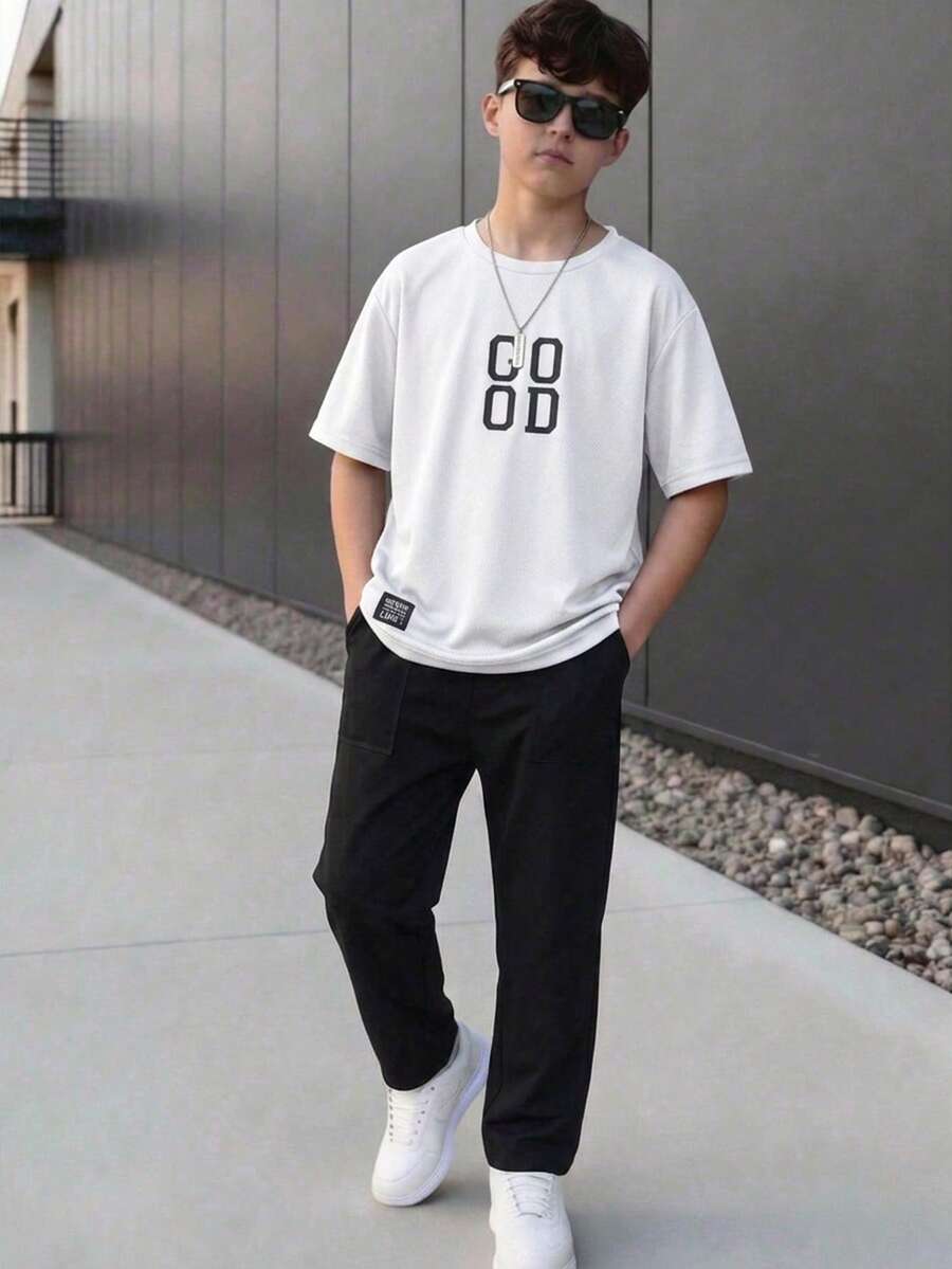 SHEIN 青少年男孩字母印花T恤與長褲套裝 - 黑與白 - 查看 1