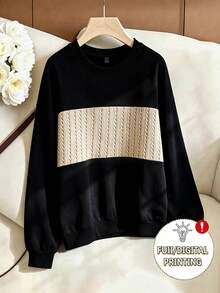 SHEIN Franclia Women's Elegant Lazy Casual Color Block Crew Neck Sweatshirt Cable Knit Patchwork Oversized Top - Black - View 1