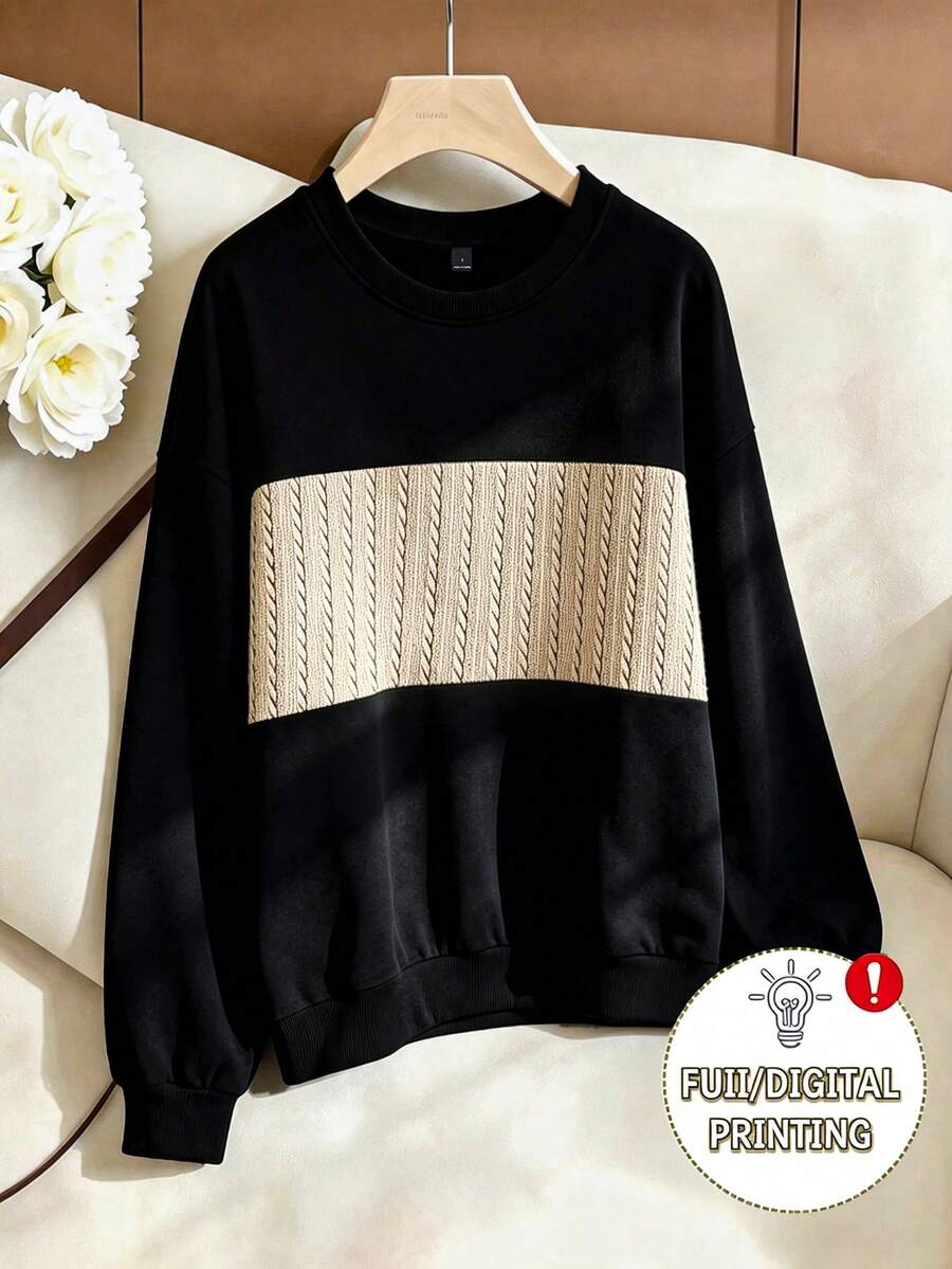 SHEIN Franclia Women's Elegant Lazy Casual Color Block Crew Neck Sweatshirt Cable Knit Patchwork Oversized Top - Black - View 1