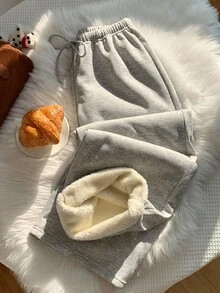 SHEIN PETITE CURVE 大尺碼秋冬休閒保暖內裡運動長褲 - 淺灰色 - 查看 3