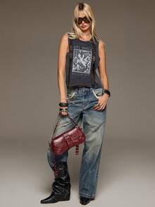 BAD SUNDAY Women's All-Season Washed Distressed Printed Cutout Hollow Vintage Tank Top Y2K Millennium Hot Girl Cool - Grey - View 4
