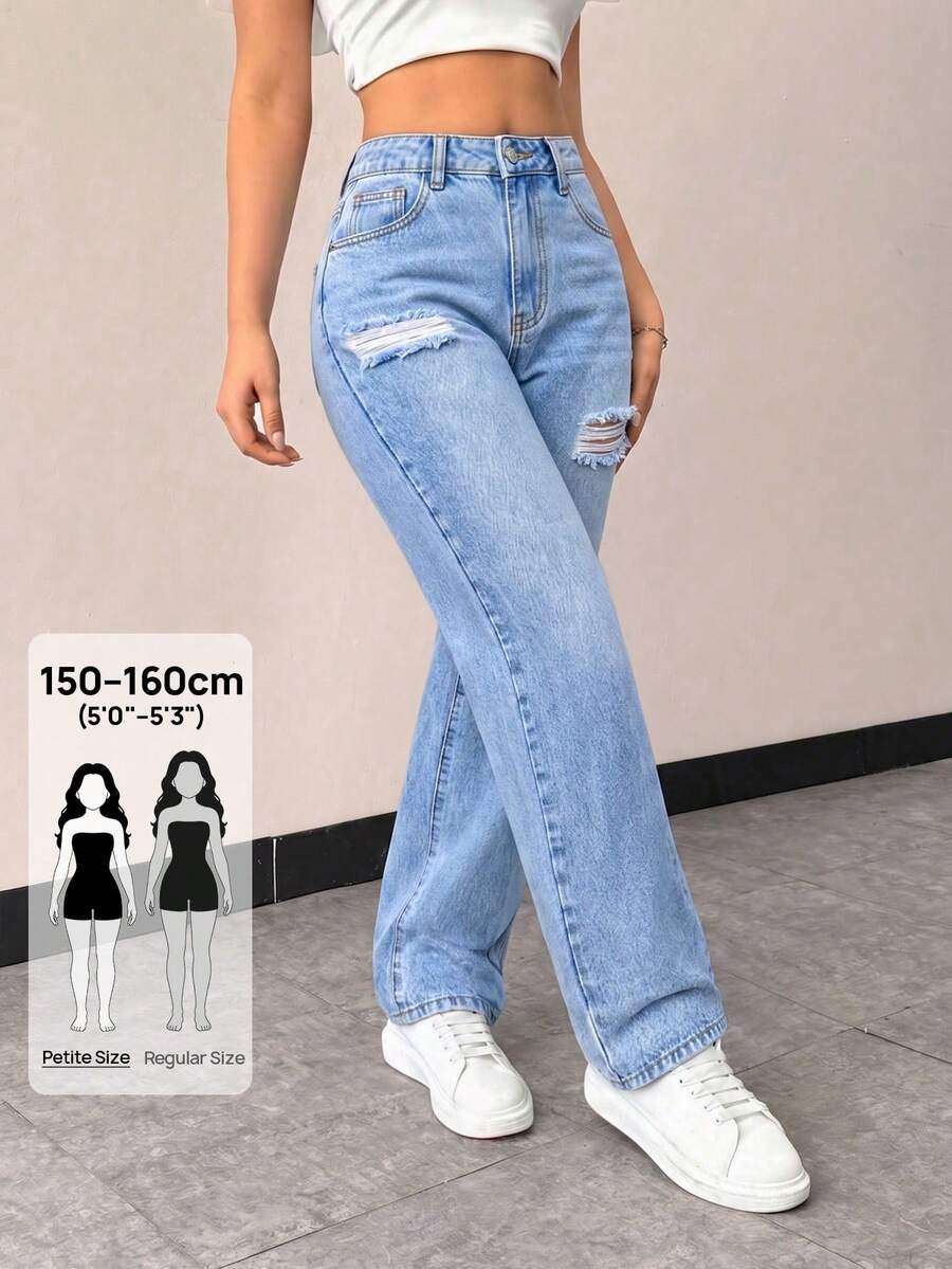 SHEIN PETITE 女款夏季休閒破洞直筒牛仔褲 - 淺色水洗藍 - 查看 1