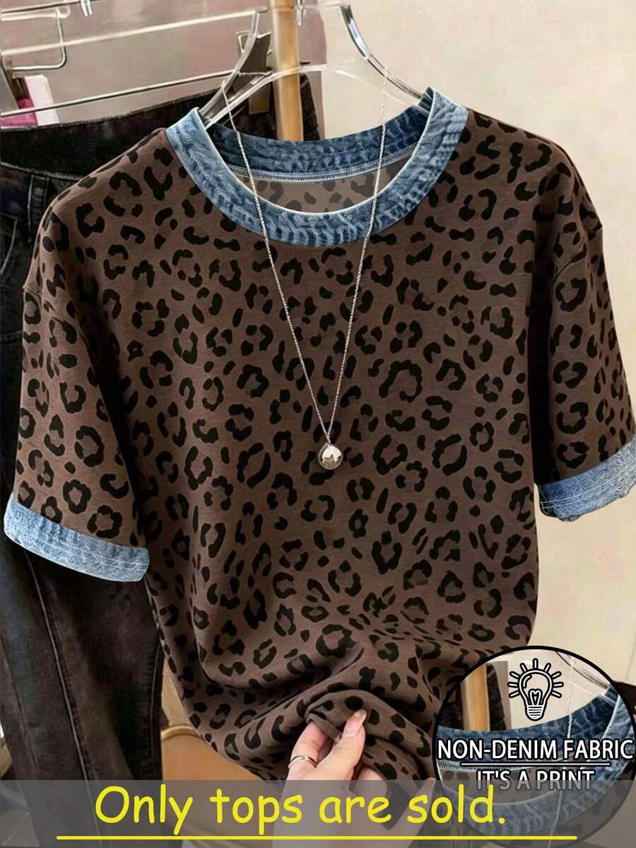 Resyla Plus Size Leopard Print Graphic T-Shirt, Summer , Fashion Gift For Sisters, Gift For Moms, Casual Minimalist Style Top - Multicolor - View 1