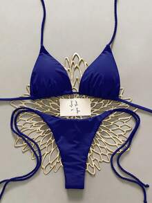 Swim Vcay 2pcs Women's White Bikini Swimsuit Set, Handmade Braided Rope Swimwear - Navy Blue - View 3