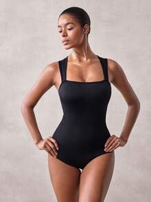 Veilyse 1Pc Women Ribbed Square Neck Sleeveless Bodysuit, High Stretch Seamless Tummy Control Slim Fit Shaper Tank Top Back To School - Black - View 2