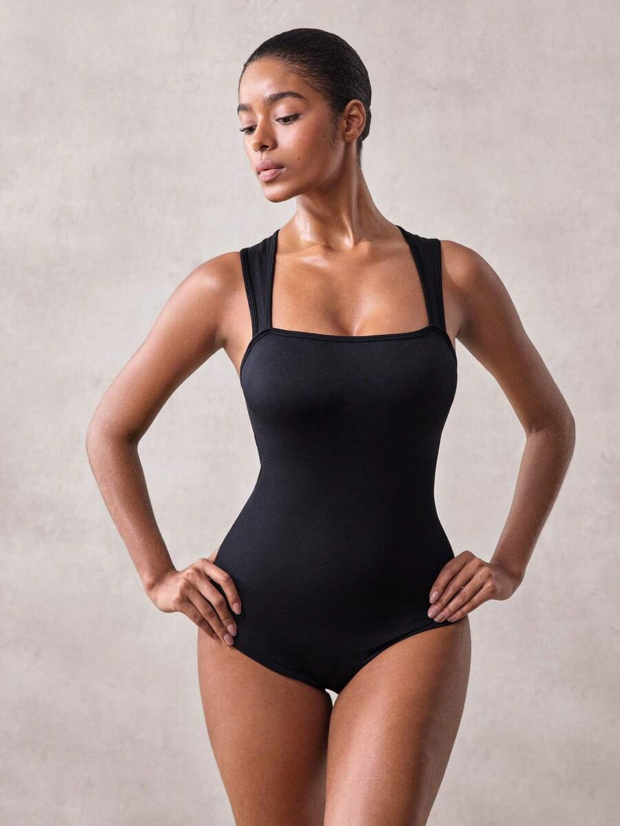 Veilyse 1Pc Women Ribbed Square Neck Sleeveless Bodysuit, High Stretch Seamless Tummy Control Slim Fit Shaper Tank Top Back To School