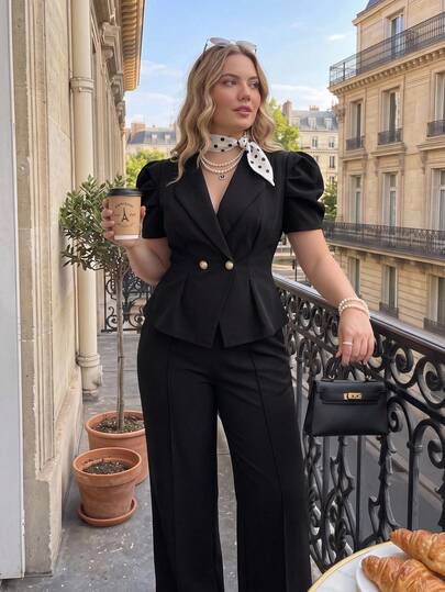 SHEIN MOD Plus Size Black Suit 2 Pieces Set, Elegant Commute, Young Lady, Office Wear, Early Autumn Outfit, All-Season Outfit