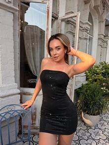Katetique Black Elegant Square Rhinestone Homecoming Dresses, Earthy Birthday Dress, Prom Dress, Pastel Strapless Mini Dress Party Summer - Black - View 1