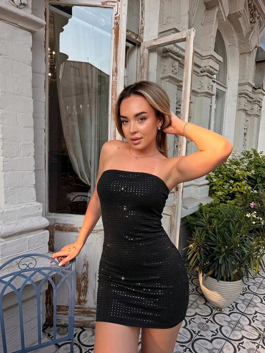 Katetique Black Elegant Square Rhinestone Homecoming Dresses, Earthy Birthday Dress, Prom Dress, Pastel Strapless Mini Dress Party Summer - Black - View 1