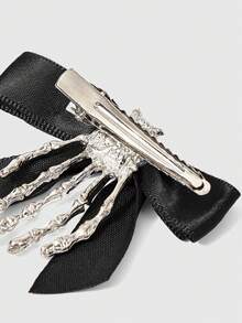 ROMWE Goth 1 Silver Ghost Claw Bone Satin Bow Edge Clip, Halloween Niche Spice Girl Headdress - Silver - View 4