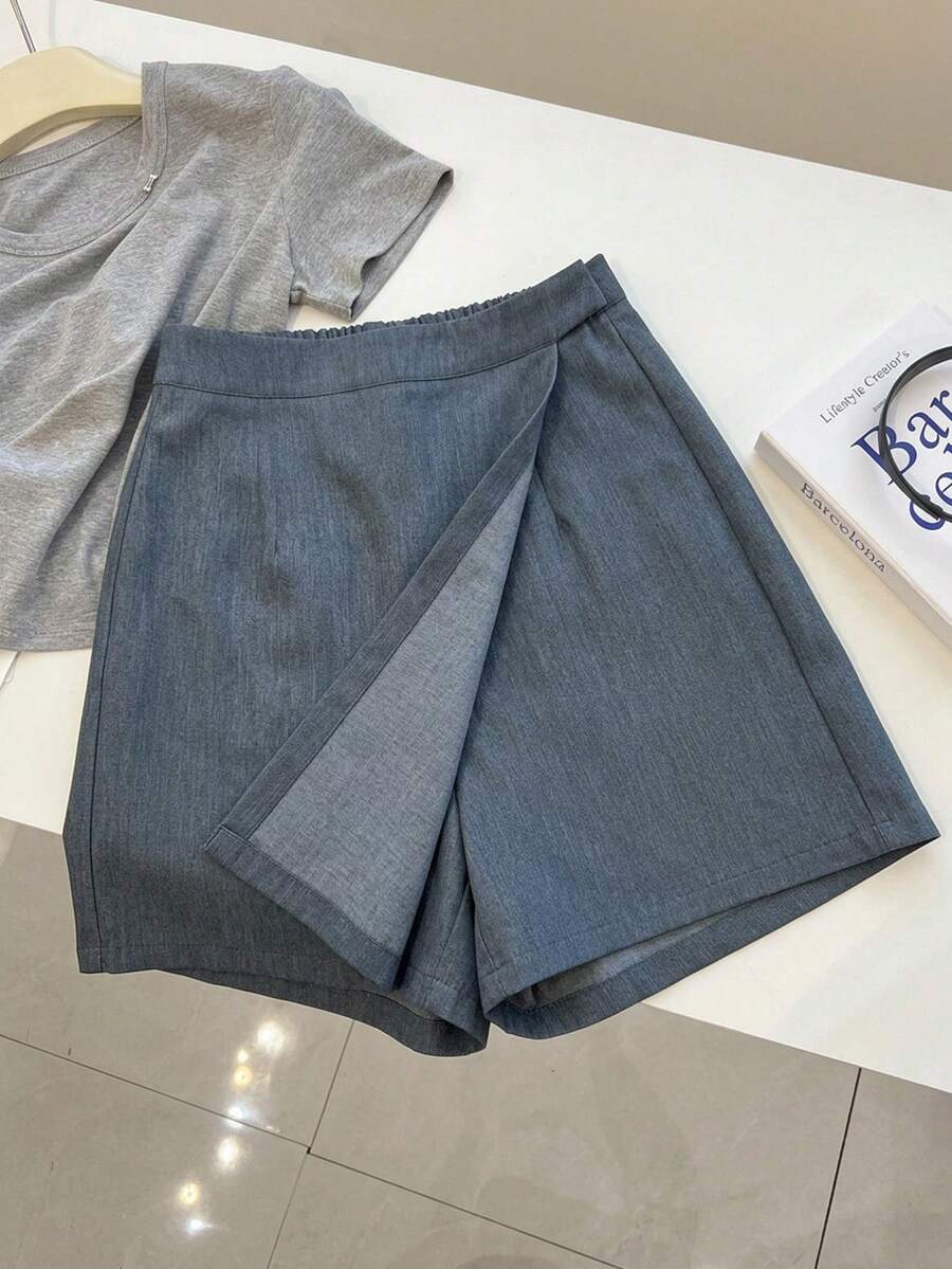 Freevana High-Waist Wrap Skort With Asymmetric Faux-Skirt Panel, Versatile Everyday Short - Navy Blue - View 1