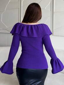 Vibekara Sweater Pullover Lengan Lonceng Berkerut Elegan Seksi Desain Prancis Musim Gugur/Dingin Ukuran Besar untuk Makan Malam dan Acara Keluar Rumah - Purple - View 2