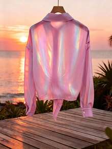 GlowEve Premium Iridescent Sheer Chiffon Tie-Front Vacation Casual Women's Blouse - Hot Pink - View 2
