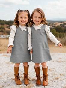 Emery Rose Kids Emery Rose Kids 女童蝴蝶結裝飾撞色拼接荷葉邊長袖可愛針織秋冬洋裝 - 灰色 - 查看 1