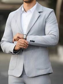 Manfinity Mode Men's Light Grey Suit Set, Autumn Business Casual Office Solid Color Casual Business Suit Featuring Pocket And Waistband Design For Daily Commute, Formal - Grey - View 6