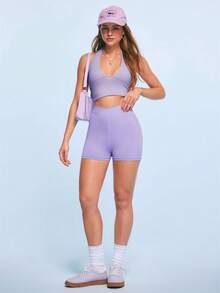 SHEIN Sovereign Charm Women's Solid Color High Waist Casual Versatile Daily Travel Sports Shorts - Purple - View 6