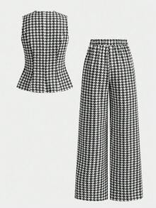 SHEIN Girlism 兒童青少年女孩春夏新款編織千鳥格單排扣復古休閒通勤無袖鈕扣背心與長褲套裝，金屬鈕扣開合，優雅復古套裝，返校季 - 黑與白 - 查看 2